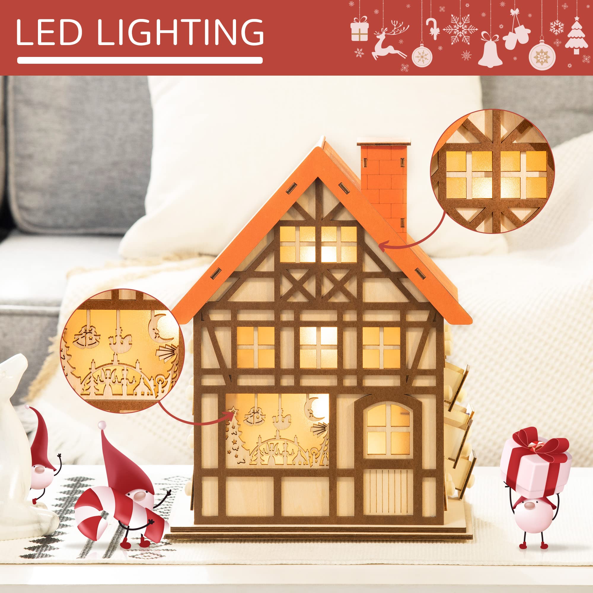 HOMCOM Wooden Christmas Advent Calendar House, Light Up Table Holiday Decoration with 24 Countdown Drawers and LED Lights, for K